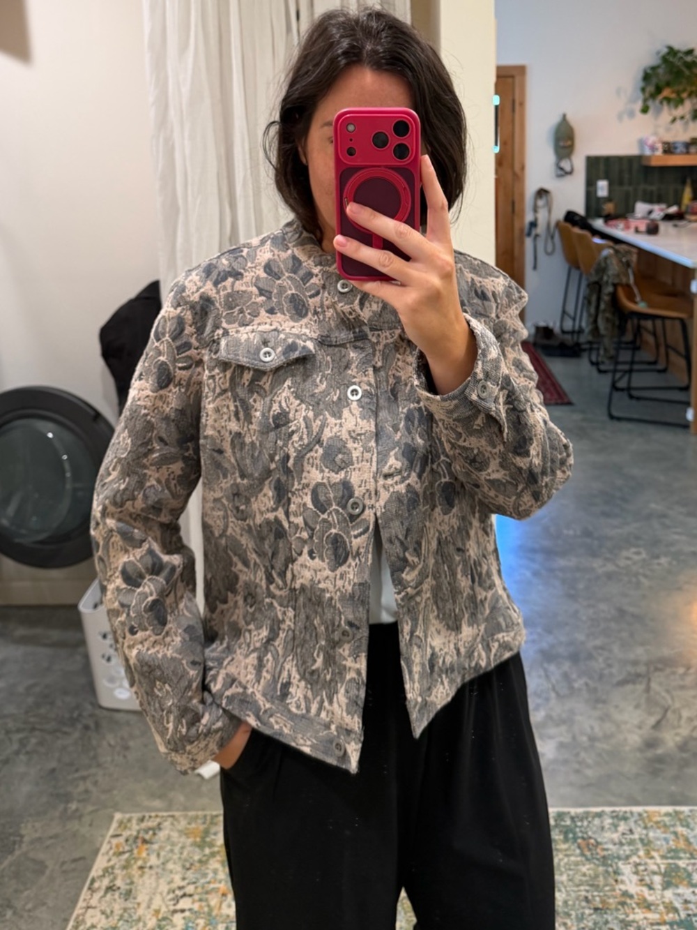 Gray Floral Jacquard Boxy Jacket